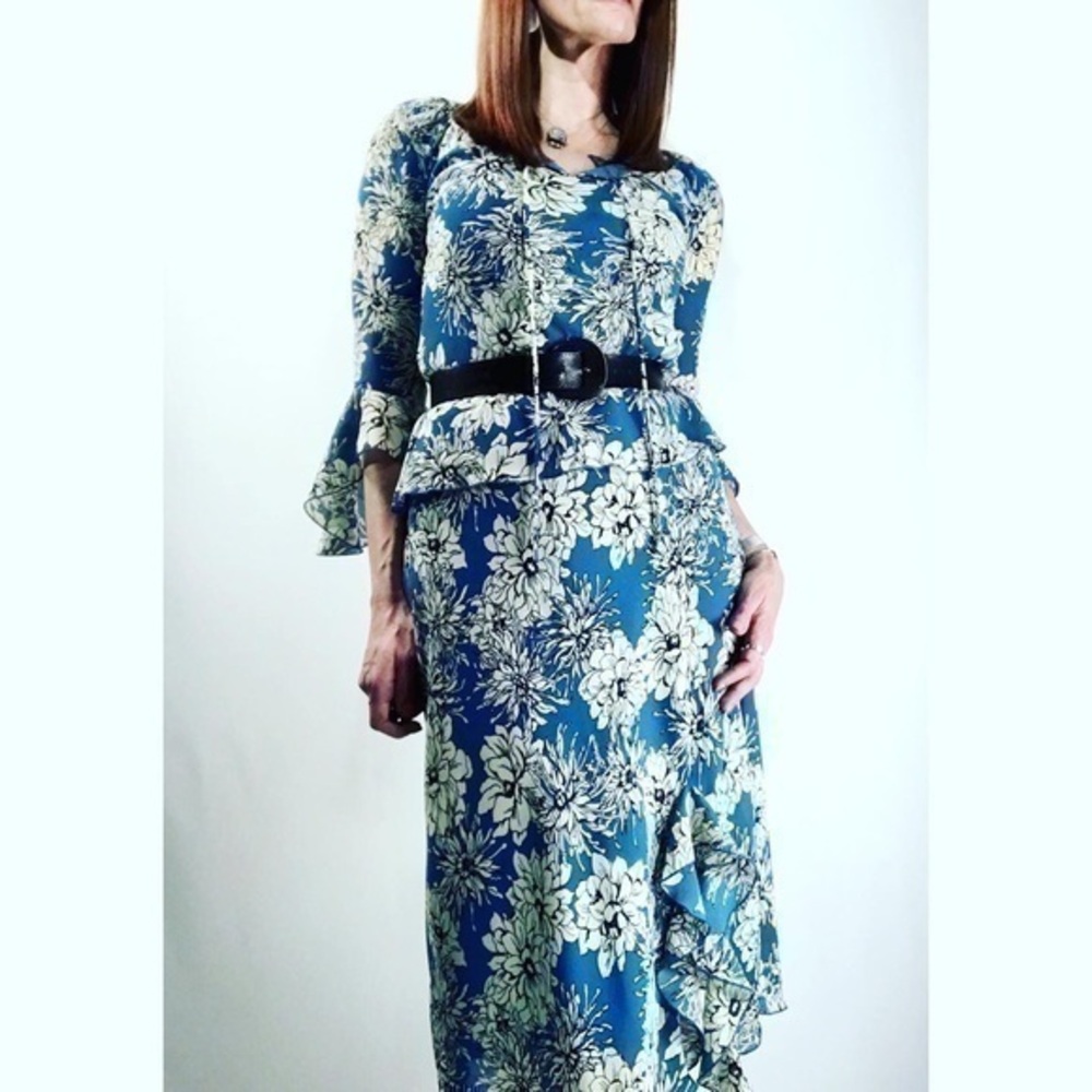90s Vintage Jonathan Martin Multicolored Floral Chiffon Bias Cut Skirt Set